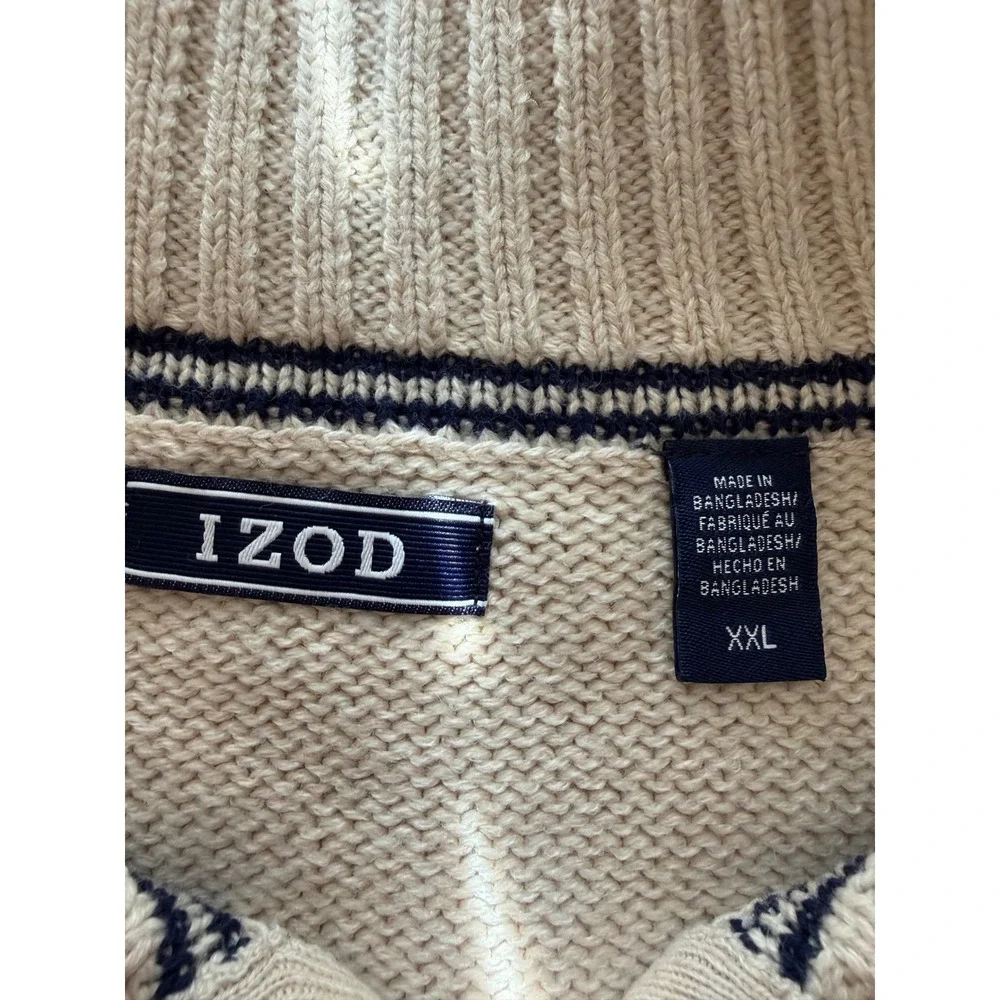 New IZOD XXL Quarter Zip Fair Isle Sweater Cream Blue Red Holiday Cotton Blend